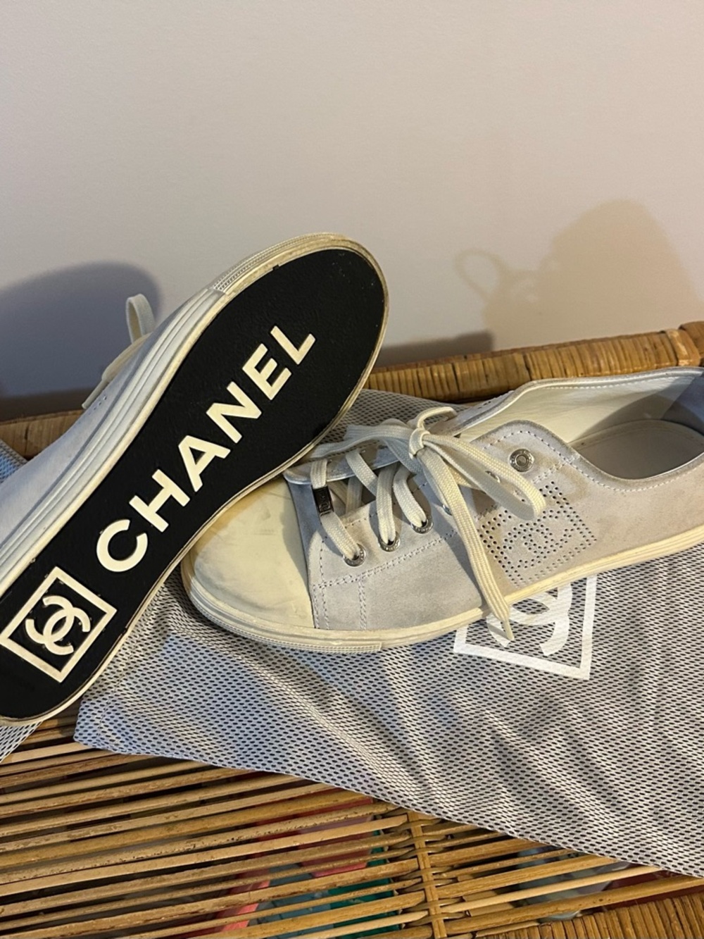 Women’s CHANEL Light Gray Lace-Up Sneakers